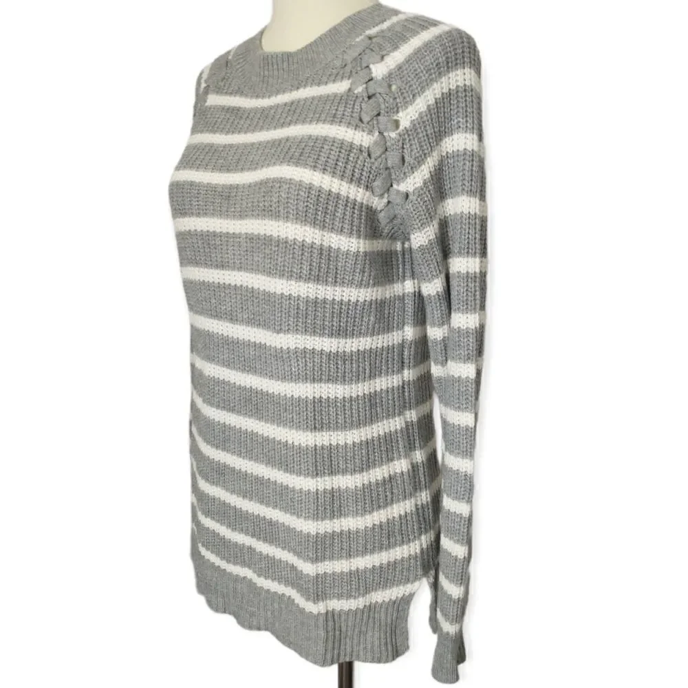 SO Fisherman Sweater M Striped Chunky Lace Up Shoulder Cozy Gray‎ White Relaxed